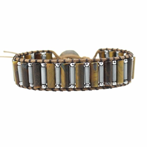 

iuniqueen designer new style men and women cool natural stone hematite healing tube bead singer wrap wrist adjustable bracelet, Golden;silver