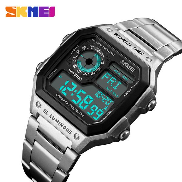 

skmei 1382 digital watch men waterproof pedometer calorie compass multifunction clock men's wristwatch silver male watches 1382, Slivery;brown