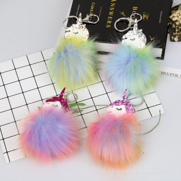 

Colorful pompom keychain Unicorn key chain fluffy fake rabbit fur ball women car bag pompon key ring pom pom holder Christmas