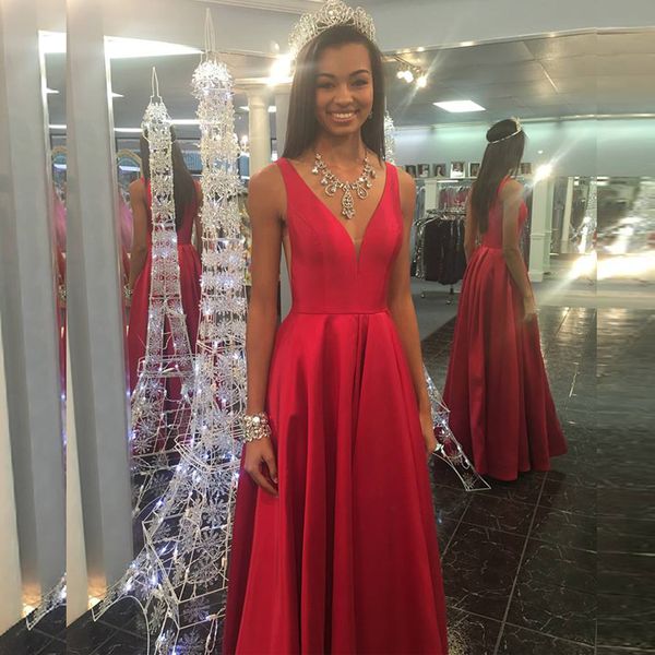

2019 simple red prom dresses deep v neck sleeveless floor length ruched skirt long formal evening party gowns pageant dress cheap, Black