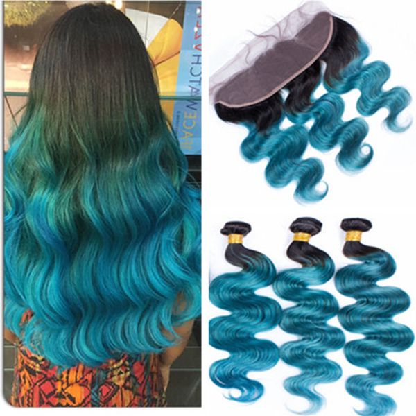 Teal Green Ombre Brazilian Human Hair 3bundles With Lace Frontal