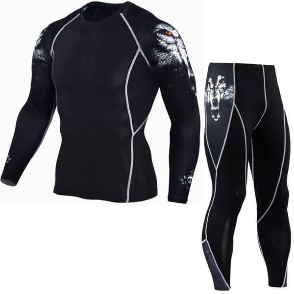 

men's compression suits clothes set long t shirt and pants fitness workout tights clothing sets fashion 2018, Gray