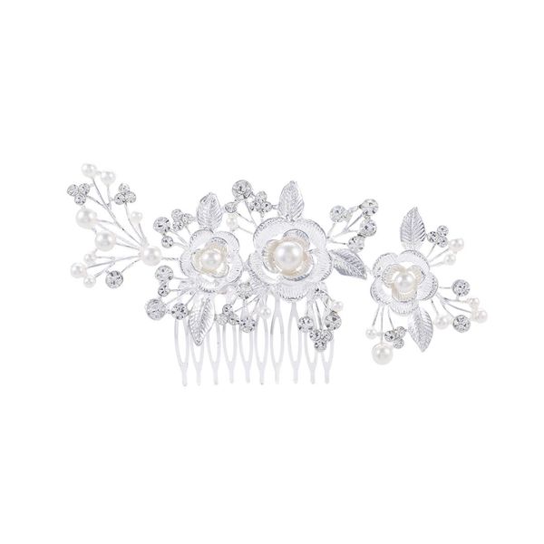 

bridal wedding rose flower pearl rhinestone women hair comb headpiece (silver
