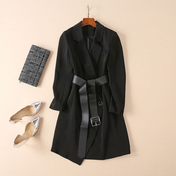 

new stylish 2018 designer blazer jacket women's notched collar double breasted belt dress, Black;gray