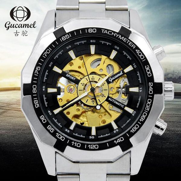 

2017 luxury men watch gold skeleton casual watches mechanical wrist watches man's clock reloj hombre, Slivery;brown