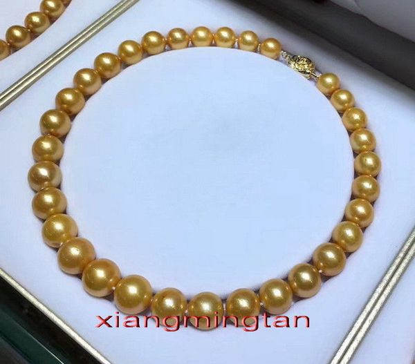 

luster 17"11-12mm natural real round south sea golden pearl necklace 14k gold, Silver