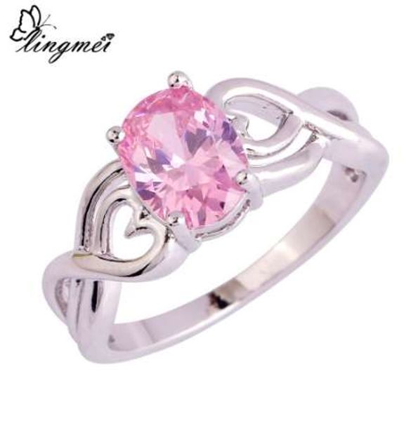 

lingmei wholesale stylish sweet bridal oval cut pink rainbow white cubiz zircon silver color ring size 6 7 8 9 10 for women gift