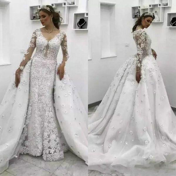 

роскошные кружевные майки свадебные платья русалки с отстегивающейся юбкой аппликация плюс размер цветочное свадебное платье поезд невеста п, White