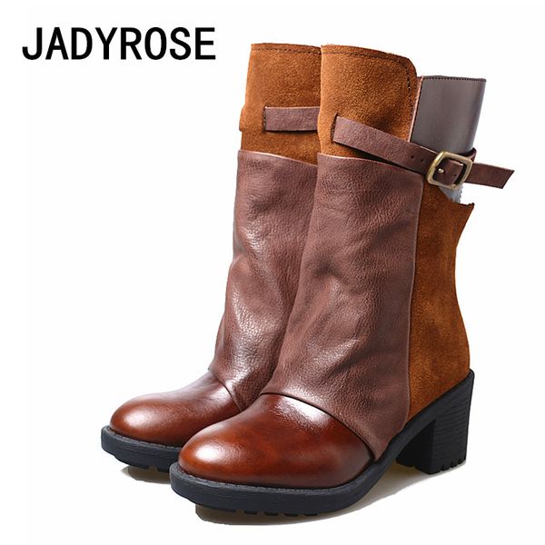 

brown mixed color women motorcycle boots real leather low heels winter botas mujer handmade straped rubber botas feminino shoes, Black