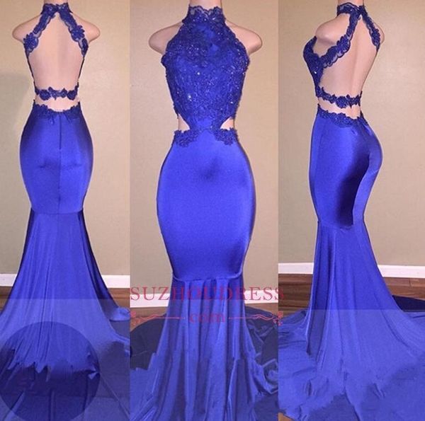

royal blue long prom dresses 2018 lace sequins beaded high neck mermaid backless evening gowns formal party dresses, Black