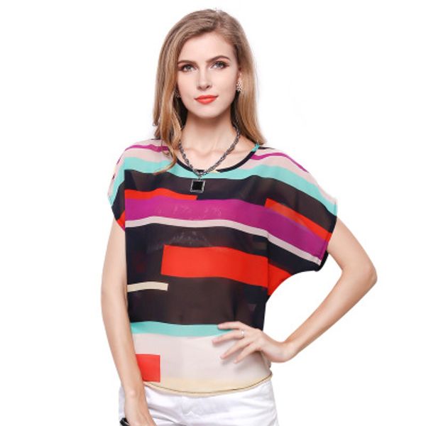 

stripes large female color stripes loose t-shirt, code irregular chiffon short rainbow shirt sleeves, colorful riubs, Black