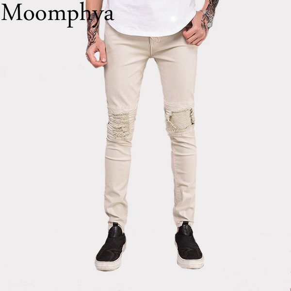 

2018 men destroy ripped holes jeans pleated patchwork straight hip hop jeans distressed biker men pants, Blue