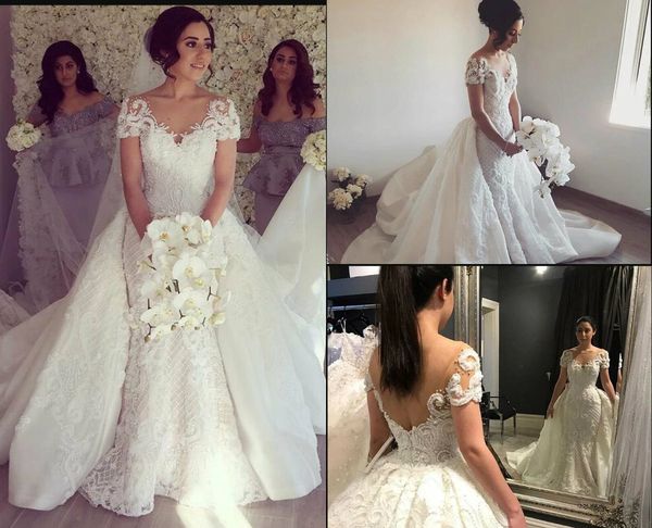 

gorgeous mermaid wedding dresses wih detachable skirt short sleeves v neck country wedding gowns vestido de novia plus size bridal dress, White