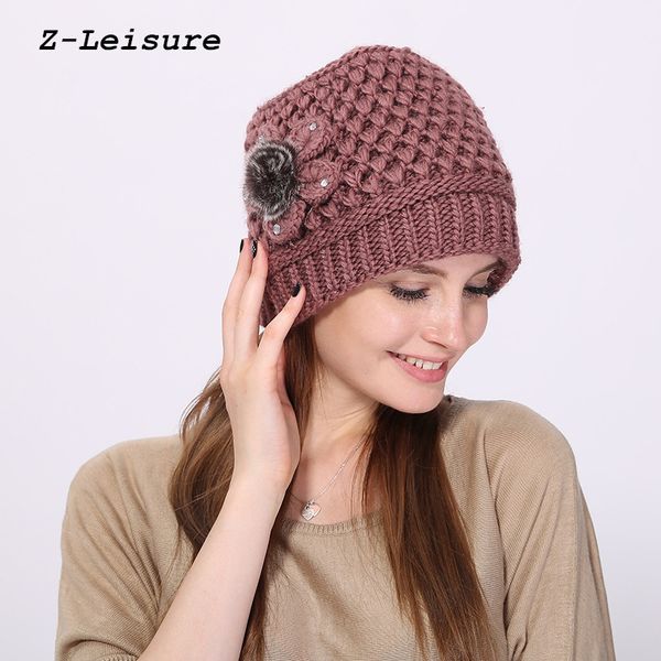 Womens Ladies Knitted Beret Beanie Hat Rabbit Fur Winter Warm Crochet Ski Cap EB