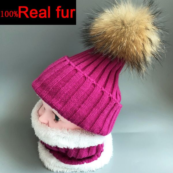 

100% real fur winter hats for kids neck warm knit ski cap scarf fur lining boys and girls hat set knitted velvet skullies beanie