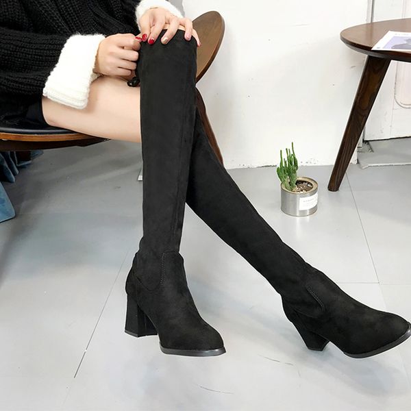 

2018 new autumn faux suede slim sock boots over the knee high women fashion winter thigh high heel boots warm shoes woman, Black
