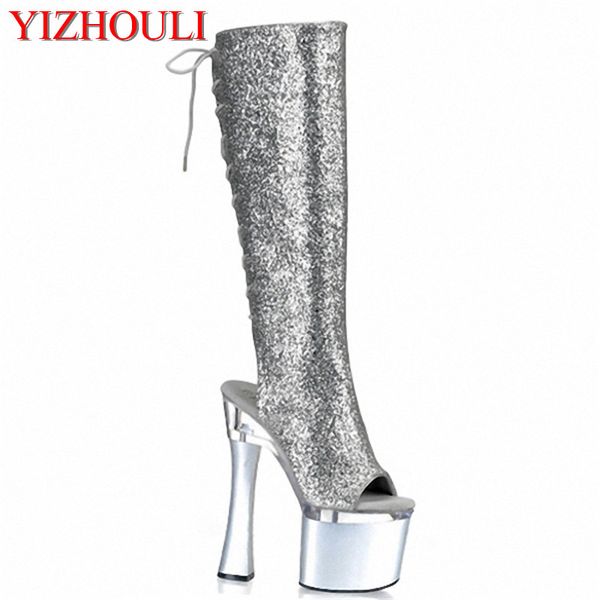 

18cm silver bagmail fish mouth with high heels and high boots, non-mainstream women's shoes, club heel dance shoes, Black