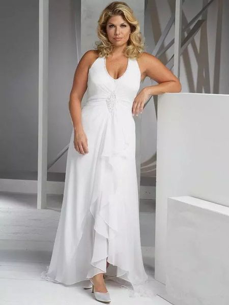 Acheter Robes De Mariée Pas Cher Grande Taille Plage V Neck Halter Taille Empire Robes De Mariée En Mousseline De Soie Robes De Mariée Asymétriques De