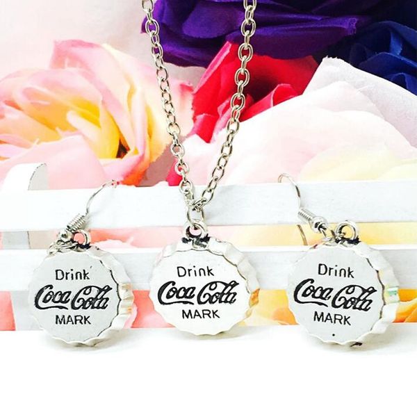 

2018 горячие популярные старинное серебро кола бутылочная крышка очарование ожерелье серьги набор мода творческий женщины ювелирные изделия, Silver