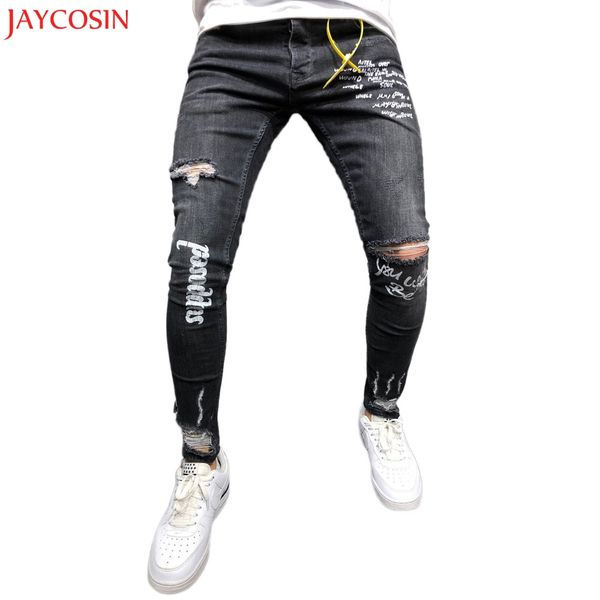 

jaycosin men's pencil pants autumn winter new button elastic foot holes print letter pant fashion black jeans full length z1030