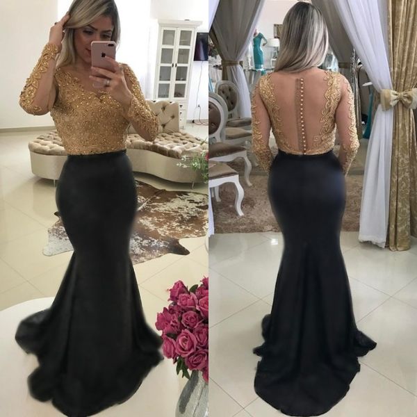 

2021 plus size african mermaid prom dresses long sleeves gold lace appliques formal evening gowns black prom dresses