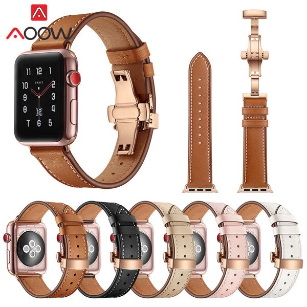

genuine cow leather watchband 38mm 42mm luxury rose gold butterfly buckle bracelet strap band 1 2 3, Black;brown