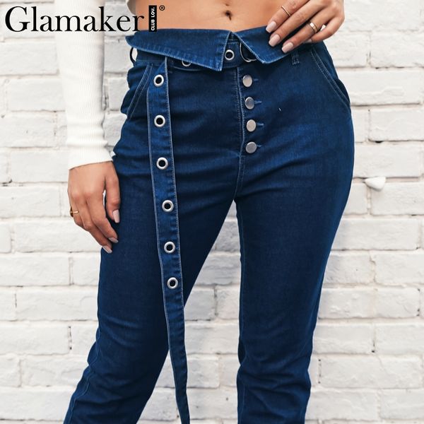 

glamaker button sashes plus size jeans women denim casual pants slim skinny jeans high waist trousers streetwear bottom new, Blue