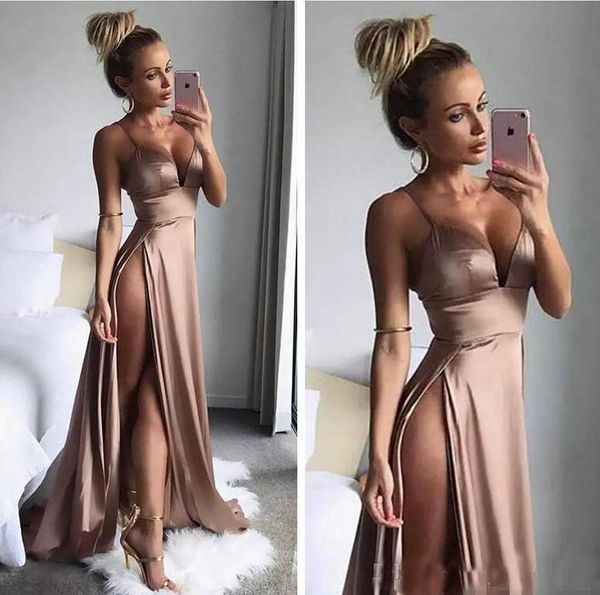 

Sexy Thigh High Slits Dresses Evening Wear 2018 Simple Long Party Dress Spaghetti Straps Deep V Neck A Line Prom Gowns