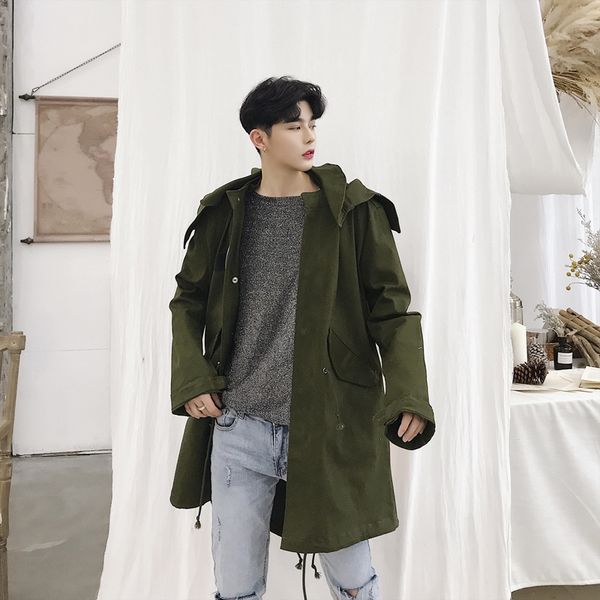 

2018 autumn new men's fashion casual loose back printing solid color long windbreaker hooded trench overcoat outwear homme -2xl, Tan;black