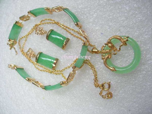 

valentine's day green jade gold plated pendant necklace earrings bracelet sets, Black