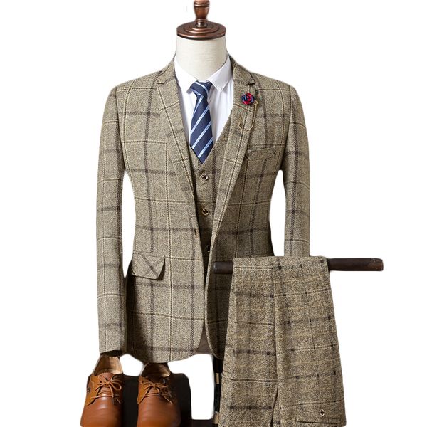 

men's wedding plaid suit 2018 autumn slim fit wedding men 3 piece business formal groomsmen suit (jacket+vest+pants, White;black