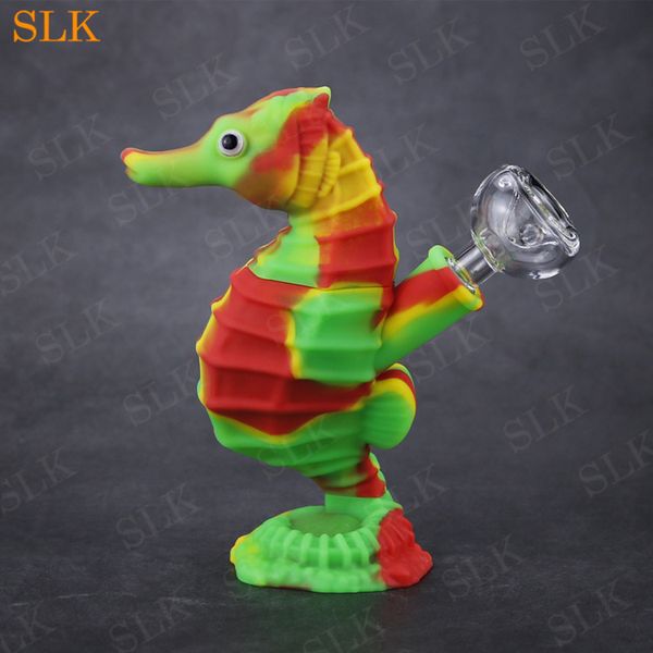 Simpatica pipa in silicone smussato per erba fumante 6 pollici piccolo cavalluccio marino design vetro bruciatore a nafta tubo acqua bong silicone dab rig Siliclab imballaggio per animali domestici