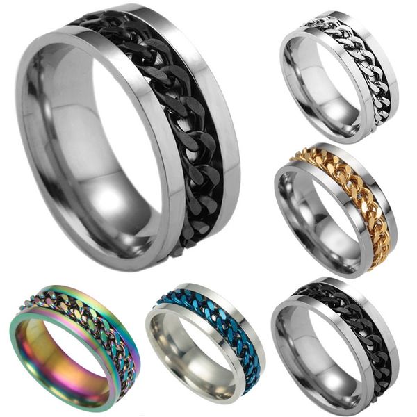 

new high-end boutique men's stainless steel gold black silver chain rotatable ring finger tide personality 5colors 7 sizes
