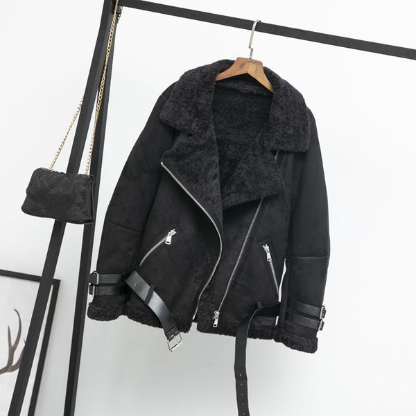 

autumn winter new faux lamb pu leather jacket 2018 women sashes fur collar thick coats turn-down collar loose lambs outerwear, Black;brown