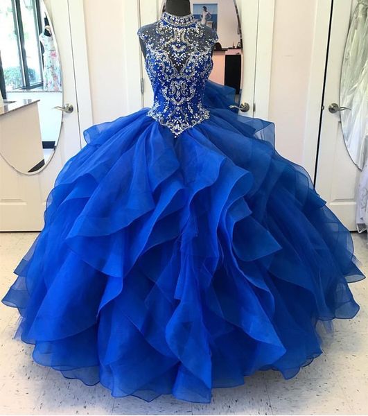 

glittering royal blue ball gown quinceanera prom dresses 2018 high neck ruffles organza rhinestones crystal illusion evening formal, Blue;red