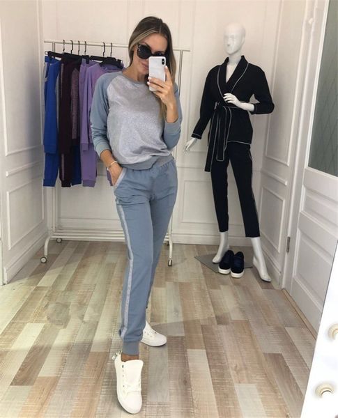 

tapakva two piece set long sleeve tracksuit patchwork pullover sweatshirt and pants suit casual walking tracksuits, Gray