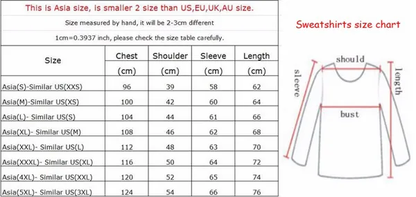 Asian Hoodie Size Chart