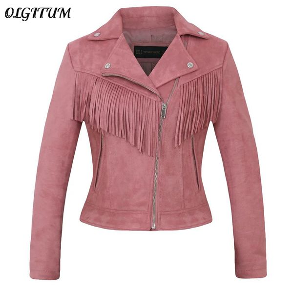 

new listing 2018 autumn long-sleeved lapel jacket slim short suede tassel jacket women fashion pocket outwear coat pink brown, Black;brown