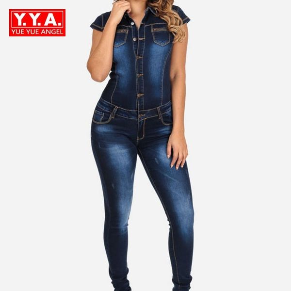 

2018 new long pants denim women jean jumpsuit fashion short sleeve slim fit jumpsuit for woman elegant female button plus size, Black;white