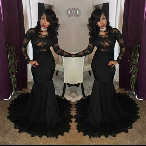 

2020 illusion bodices black prom dresses mermaid jewel neck lace appliques long sleeves evening gowns african girls party wear ba7785