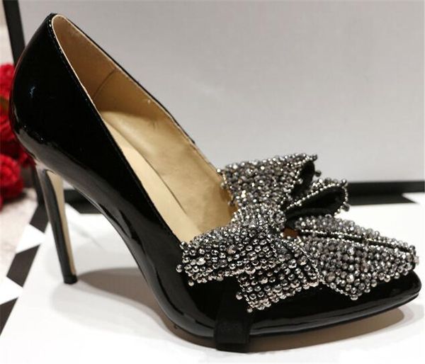 Donne di moda puntate marca punta di punta bianca nera bowtie tallone sottile pompe con tacchi alti cristalli scarpe da sposa 8976 s