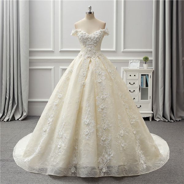 

gorgeous spring lace wedding dresses with beads handmade flowers off the shoulder wedding gowns sweep train back lace up beach bridal dress, White