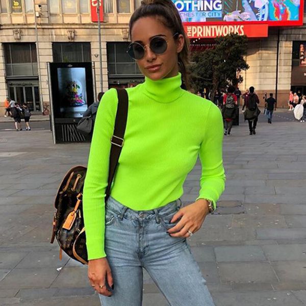 

zhymihret 2018 autumn winter neon color ribbed t shirt women long sleeve turtleneck tshirt fashion knitted tee femme, White