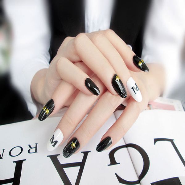 

zhou 24pcs/set round head false nails rivet and letter fashion design false nails summer full cover artificial, Red;gold