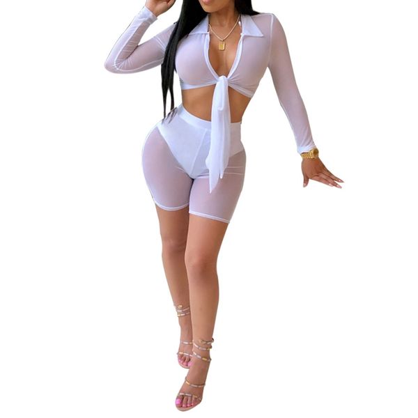 

see through black/white hollow out mesh two pieces set night out club wear deep v neck crop elastic skinny shorts suit, Gray