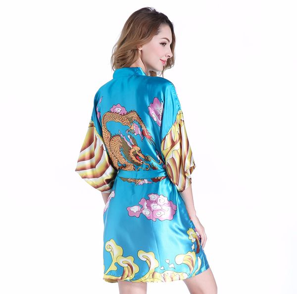 

new mini women summer soft satin robe japanese female kimono geisha blue dragon bath night gown sleepwear  ja039, Black;red