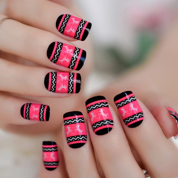 

merry christmas nail art decoration rose red xmas deer fake nails medium square designed nail tips in box 24, Red;gold