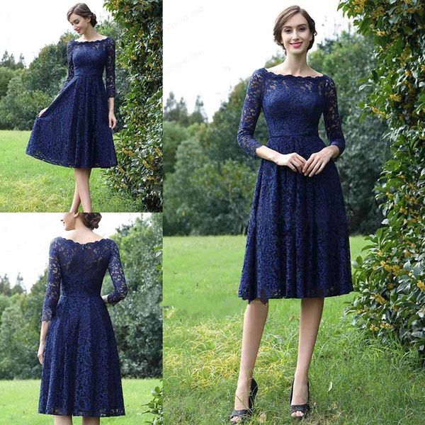 

dark navy lace mother of the bride outfit three quarter sleeves knee length full lace short mother of the groom dress formal evening gowns, Black;red