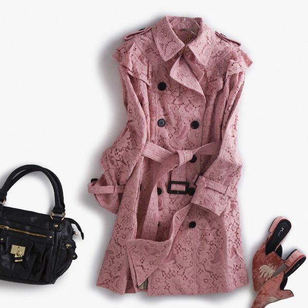 

high end women's lace trench coat 2018 new autumn winter ladies luxury ruffles double breasted with belt windbreaker outerwear, Tan;black