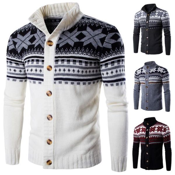 

Winter Mens Knitwears Geometric Patterns Stand Collar Knitted Cardigans 4 Colors Slim Fit Mens Knit Jackets